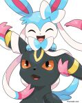  :d alternate_color closed_eyes commentary_request fangs happy highres no_humans open_mouth pokemon pokemon_(creature) rorosuke shiny_pokemon smile sylveon tongue twitter_username umbreon white_background 