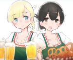  2girls alcohol bangs basket beer beer_mug black_hair blonde_hair blue_eyes blush braid brown_eyes closed_mouth collarbone commentary cup dirndl eyebrows_visible_through_hair folded_ponytail food german_clothes hair_between_eyes hair_ribbon highres holding holding_cup kantai_collection kasuga_maru_(kancolle) long_hair looking_at_viewer ma_rukan medium_hair mug multiple_girls oktoberfest open_mouth pretzel ribbon shin&#039;you_(kancolle) simple_background smile symbol-only_commentary taiyou_(kancolle) upper_body white_background white_ribbon 