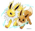  :d brown_eyes commentary_request eevee electricity highres jolteon no_humans open_mouth pokemon pokemon_(creature) purple_eyes rorosuke smile toes tongue twitter_username white_background 