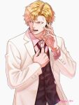  1boy adjusting_clothes adjusting_necktie alternate_costume black_vest blonde_hair commentary_request donquixote_rocinante formal highres jacket male_focus necktie one_piece pink_jacket pink_suit short_hair solo toyoura_(23066494) vest 