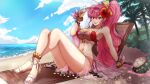  1girl absurdres alternate_costume ankle_ribbon anklet arm_support beach beach_chair bendy_straw big_hair bikini blurry blurry_background blush bow bracelet breasts cloud coconut commission crossed_legs drinking_straw english_commentary eyebrows_visible_through_hair eyewear_on_head fire_emblem fire_emblem:_new_mystery_of_the_emblem flower fruit_cup hair_bow hair_flower hair_ornament highres jewelry kamilisme large_breasts long_hair looking_at_viewer nail_polish navel ocean palm_tree phina_(fire_emblem) pink_bow pink_eyes pink_hair ponytail red_bikini red_flower ribbon sand sandals sarong second-party_source see-through shadow sidelocks sitting smile solo sunglasses swimsuit thighs tree two-tone_bikini very_long_hair white_bikini wrist_bow yellow_bow 