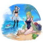  2girls absurdres beach bird breasts cleavage commission commissioner_upload del_(riftdevils) green_eyes green_hair hair_over_one_eye highres kendra_(riftdevils) kneeling large_breasts long_hair medium_breasts multiple_girls net nyaco33 one-piece_swimsuit original palm_tree sand_castle sand_sculpture sky standing swimsuit tree very_long_hair water 