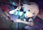  1girl bandaged_arm bandages bangs black_bow black_bowtie black_hairband blue_eyes bow bowtie breasts buttons collared_shirt drawing_sword frilled_skirt frills green_skirt green_vest hair_between_eyes hairband hitodama_print holding holding_sword holding_weapon katana konpaku_youmu lightning looking_at_viewer medium_breasts ooru_(t20nozomu) open_mouth petals scabbard sheath shirt short_hair short_sleeves silver_hair skirt smoke solo sword touhou unsheathing upper_body v-shaped_eyebrows vest weapon white_shirt wing_collar 