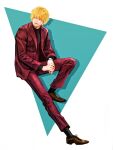  1boy alternate_costume alternate_hairstyle blonde_hair cigarette collared_shirt commentary_request donquixote_rocinante formal full_body highres male_focus necktie one_piece red_suit shirt short_hair solo striped toyoura_(23066494) watch wristwatch younger 