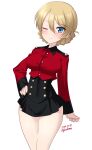  1girl adapted_uniform artist_name bangs black_skirt blonde_hair blue_eyes blush braid breasts closed_mouth commentary_request cropped_jacket darjeeling_(girls_und_panzer) dated eyebrows_visible_through_hair french_braid girls_und_panzer hair_between_eyes hand_on_hip highres kuzuryuu_kennosuke large_breasts looking_at_viewer microskirt military military_uniform one_eye_closed shiny shiny_hair simple_background skirt smile solo st._gloriana&#039;s_military_uniform standing thighs uniform white_background 