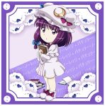  1girl alternate_hairstyle anime_coloring bangs blue_bow book bow cape character_name chibi crescent crescent_hat_ornament double_bun dress eyebrows_visible_through_hair from_side hair_between_eyes hair_bow hands_up hat hat_bow hat_ornament heart long_sleeves looking_at_viewer mob_cap open_mouth patchouli_knowledge pink_bow purple_background purple_dress purple_eyes purple_hair remyfive short_hair slippers solo standing striped striped_dress touhou white_cape white_dress white_footwear white_headwear wide_sleeves 
