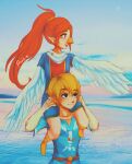  1boy 1girl beak black_eyes blonde_hair blue_shirt brown_hair cherrypaii commentary_request crayfish feathered_wings harpy highres link medli monster_girl pointy_ears red_eyes shirt the_legend_of_zelda the_legend_of_zelda:_the_wind_waker winged_arms wings 