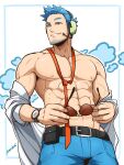  1boy abs absurdres animal_crossing artist_name bara bare_pectorals belt belt_buckle black_belt blue_eyes blue_hair blue_pants buckle eyewear_removed facial_hair headphones highres holding holding_eyewear kuroshinki large_pectorals looking_at_viewer loose_necktie male_focus muscular muscular_male navel necktie nipples open_clothes open_shirt pants pectorals personification shirt short_hair smile solo sunglasses teeth watch white_shirt wilbur_(animal_crossing) wristwatch 