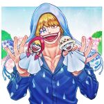  1boy alternate_costume blonde_hair blue_shirt blush collared_shirt commentary_request donquixote_rocinante hood makeup male_focus one_piece partially_unbuttoned shirt short_hair smile solo teruterubouzu toyoura_(23066494) upper_body water 