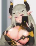  1girl :p areolae between_breasts blurry blurry_background breasts cleavage commission copochui cross-laced_clothes earrings gloves gold_trim green_hair grey_eyes hair_ornament hairclip highres horns huge_breasts jewelry long_hair looking_at_viewer nipple_slip nipples open_mouth original partially_fingerless_gloves pointy_ears selfie solo spade_(shape) teeth tongue tongue_out upper_body upper_teeth virtuallylewd 