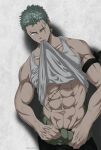  1boy abs bandana bare_shoulders biceps clothes_lift clothes_pull green_hair highres lifted_by_self long_sideburns looking_at_viewer male_focus mouth_hold muscular muscular_male one_piece pants pants_pull pectorals pinattsu pulled_by_self roronoa_zoro scar scar_across_eye scar_on_stomach shirt_in_mouth shirt_lift short_hair sideburns sidepec sleeveless solo stomach tank_top upper_body veins white_tank_top 