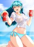  1girl absurdres aqua_hair beach bikini bikini_bottom blue_bikini blue_sky brand_name_imitation breasts can closed_eyes cloud coca-cola commentary_request day highres horizon horns kneeling large_breasts long_hair lum midriff nanao_futaba navel no_bra no_pants ocean oni_horns outdoors ponytail shirt side-tie_bikini sky soda_can solo swimsuit t-shirt tied_shirt urusei_yatsura white_shirt 