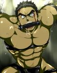  1boy abs akihiro_altland bara black_male_underwear blood blood_on_face bound bound_arms briefs bulge chest_harness dark-skinned_male dark_skin doro_rich feet_out_of_frame frown gag gagged gundam gundam_tekketsu_no_orphans harness large_pectorals looking_at_viewer male_focus male_underwear muscular muscular_male navel navel_hair nipples pectorals saliva short_hair solo stomach sweat thick_eyebrows topless_male underwear underwear_only 