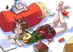  2girls :o absurdres animal_ears bare_legs barefoot bike_shorts_under_skirt blue_eyes book bookmark brown_hair closed_mouth commentary_request feet frilled_sleeves frills genderswap genderswap_(mtf) gintama gold_ship_(umamusume) hat head_rest headgear highres horse_ears horse_girl horse_tail imuka041 just_a_way_(racehorse) justaway loafers long_hair looking_at_viewer lying medium_hair multiple_girls namesake on_stomach open_book open_mouth original personification puffy_short_sleeves puffy_sleeves purple_eyes red_skirt school_uniform shiny shiny_hair shoes short_ponytail short_sleeves sidelocks skirt soles tail the_pose toe_scrunch toes tracen_school_uniform umamusume vest wristband 