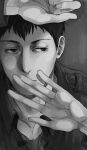  1boy bertolt_hoover close-up collarbone collared_jacket covering_mouth face greyscale highres male_focus monochrome nene_(10575936) paradis_military_uniform shingeki_no_kyojin short_hair solo upper_body 