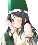  1girl black_hair breasts cleavage closed_mouth detached_sleeves green_eyes green_headwear hand_on_own_cheek hand_on_own_face hand_up hat highres imagawa_yoshimoto_(sengoku_otome) kozue_akari large_breasts long_hair long_sleeves looking_at_viewer sengoku_otome simple_background smile solo transparent_background upper_body wide_sleeves 