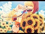  1boy blonde_hair bouquet commentary_request donquixote_rocinante english_text flower happy_birthday holding holding_bouquet hood makeup male_focus one_piece short_hair smile solo striped sunflower sweater toyoura_(23066494) upper_body yellow_sweater 