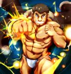  1boy abs bara bare_pectorals bulge chest_hair dark-skinned_male dark_skin doro_rich facial_hair feet_out_of_frame forked_eyebrows fundoshi grin incoming_attack incoming_punch jacket jacket_on_shoulders japanese_clothes kengo_(housamo) large_pectorals lightning male_focus male_underwear muscular muscular_male navel navel_hair nipples pectorals punching short_hair smile solo stomach stubble thick_eyebrows thick_thighs thighs tokyo_afterschool_summoners underwear white_male_underwear 