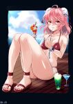  1girl ahoge alternate_costume armpit_crease bandaged_arm bandages bangs bare_shoulders blue_sky blush breasts chain cleavage cloud cocktail cocktail_glass collarbone commentary_request cuffs cup double_bun drinking_glass drinking_straw eyebrows_visible_through_hair feet food full_body hair_between_eyes highres ibaraki_kasen ice_cream looking_at_viewer medium_breasts pink_eyes pink_hair red_footwear red_swimsuit shackles shiny shiny_skin short_hair sidelocks sitting sky solo swimsuit takeguchi_kouhei thighs toenails touhou utensil_in_mouth wooden_floor 