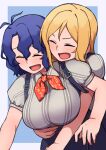  2girls antenna_hair blonde_hair blue_background blue_hair blush breasts closed_eyes collared_shirt commentary denim denim_skirt grey_shirt hair_between_eyes hug hug_from_behind idolmaster idolmaster_million_live! idolmaster_million_live!_theater_days korean_commentary kwaejina large_breasts long_hair mixed-language_commentary momose_rio multiple_girls neckerchief open_mouth puffy_short_sleeves puffy_sleeves red_neckerchief shirt short_hair short_sleeves simple_background skirt smile striped striped_shirt suspender_skirt suspenders toyokawa_fuuka two-tone_background wavy_hair white_background 