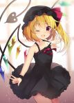  1girl ;d \m/ alternate_costume alternate_hair_color bangs black_dress blonde_hair blurry blurry_background blush bow breasts collarbone commentary crystal dress fang fingernails flandre_scarlet hat highres laevatein_(tail) looking_at_viewer mob_cap multicolored_wings one_eye_closed open_mouth red_bow red_eyes ruhika short_hair_with_long_locks side_ponytail single_strap skin_fang small_breasts smile solo sparkle tail thighs touhou upper_body v wings 
