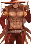  1boy abs arbbun bara bare_pectorals belt bulge chest_tattoo coat commentary_request dark-skinned_male dark_skin eyepatch feet_out_of_frame hat large_pectorals looking_at_viewer male_focus muscular muscular_male navel nipples odin_(p&amp;d) open_clothes open_coat pants pectorals puzzle_&amp;_dragons red_pants salute short_hair smile solo stomach tattoo thighs white_hair 