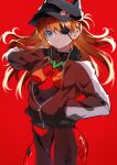 1girl absurdres bangs black_headwear closed_mouth cowboy_shot evangelion:_3.0_you_can_(not)_redo eyepatch hand_in_pocket hand_up hat high_collar highres jacket long_hair long_sleeves looking_at_viewer neon_genesis_evangelion open_clothes open_jacket pension_z plugsuit rebuild_of_evangelion red_background solo souryuu_asuka_langley standing 