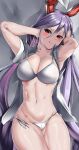  1girl absurdres animal_ears armpit_crease arms_up bangs blush bra breasts cleavage collarbone collared_shirt hair_between_eyes highres large_breasts light_purple_hair long_hair looking_at_viewer lying mizuga muscular muscular_female navel on_back on_bed open_clothes open_shirt panties rabbit_ears reisen_udongein_inaba shiny shiny_hair shirt short_sleeves smile solo stomach symbol-only_commentary thick_thighs thighs toned touhou underwear white_bra white_panties white_shirt wing_collar 