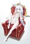  +_+ 1girl ahoge animal_ear_fluff animal_ears artist_name asusan azur_lane between_breasts blue_eyes braid breasts chair choker drink drinking_straw eyebrows_visible_through_hair full_body hair_between_eyes hair_ornament holding holding_tray ice ice_cube knee_up le_malin_(azur_lane) le_malin_(listless_lapin)_(azur_lane) leotard long_hair no_shoes o-ring o-ring_choker official_alternate_costume rabbit_ears sidelocks signature simple_background sitting slouching small_breasts solo thigh_gap thighhighs tied_hair tongue tongue_out tray v white_background white_choker white_hair white_legwear white_leotard wrist_cuffs 