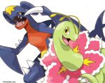  black_sclera claws colored_sclera commentary_request garchomp highres meganium no_humans open_mouth pokemon pokemon_(creature) rorosuke sharp_teeth smile spikes teeth tongue twitter_username white_background yellow_eyes 