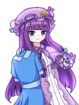  1girl :3 blue_dress chibikki collared_dress crescent crescent_hat_ornament dress gun hat hat_ornament highres holding holding_clothes holding_dress holding_gun holding_weapon long_dress mob_cap neck_ribbon patchouli_knowledge pixel_art pointing pointing_at_viewer purple_eyes purple_hair purple_ribbon ribbon simple_background solo striped striped_dress touhou vertical-striped_dress vertical_stripes weapon white_background 