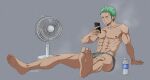  1boy abs barefoot bottle briefs bulge electric_fan feet full_body green_hair grey_male_underwear highres holding holding_phone long_sideburns male_focus male_underwear muscular muscular_male nipples one_piece pectorals phone pinattsu roronoa_zoro short_hair sideburns sitting solo steam stomach sweat topless_male underwear underwear_only water_bottle 