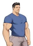  1boy arbbun bara blue_shirt bulge commentary_request covered_nipples facial_hair goatee highres large_pectorals male_focus mature_male muscular muscular_male mustache original pectorals shirt short_hair smile solo stubble thick_thighs thighs tight tight_shirt undercut white_background 