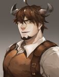  1boy arbbun backpack bag bara barawa collared_shirt commentary_request draph granblue_fantasy highres horns large_pectorals leather male_focus mature_male muscular muscular_male pectorals portrait shirt short_hair smile solo upper_body 