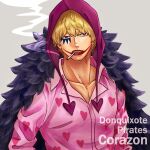  1boy absurdres blonde_hair cigarette collared_shirt commentary_request donquixote_rocinante heart heart_print highres hood hood_up makeup male_focus one_piece pink_shirt shirt short_hair solo toyoura_(23066494) upper_body 