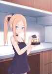  1girl abigail_williams_(fate) bangs bare_shoulders black_dress blonde_hair blue_eyes blush breasts cake choker collarbone dress fate/grand_order fate_(series) food forehead highres jilu long_hair looking_at_viewer open_mouth parted_bangs ponytail sidelocks small_breasts smile solo 