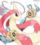  air_bubble black_eyes bright_pupils bubble commentary_request feebas fish highres milotic no_humans open_mouth parted_lips pokemon pokemon_(creature) rorosuke twitter_username white_background white_pupils 