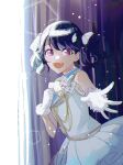  1girl ai0_pr black_hair blue_ribbon commentary dress fang fukumaru_koito gloves highres idolmaster idolmaster_shiny_colors looking_at_viewer open_mouth purple_eyes ribbon skin_fang solo twintails white_dress white_gloves 