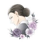  1girl artist_name black_hair commentary_request face flower hair_bun highres isabella_(yakusoku_no_neverland) portrait profile purple_eyes purple_flower purple_rose remyfive rose signature smile solo yakusoku_no_neverland 