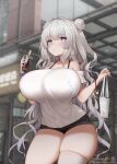  +_+ 1girl absurdres alternate_breast_size alternate_costume artist_name azur_lane blue_eyes blurry blurry_background breasts curvy double_bun highres huge_breasts le_malin_(azur_lane) long_hair looking_at_viewer off-shoulder_shirt off_shoulder oppai_loli outdoors plump shirt single_thighhigh solo standing thick_thighs thighhighs thighs twitter_username very_long_hair watch white_hair white_legwear white_shirt wowowo-chan wristwatch 