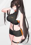  1girl arm_behind_back black_hair blush breasts breath cowboy_shot exercise from_side gym_shorts hair_ornament hair_over_shoulder hairclip halterneck hayabusa highres large_breasts long_hair looking_at_viewer midriff mole mole_on_stomach mole_on_thigh mole_under_eye navel orange_eyes original parted_lips ponytail raiden_(hayabusa) short_shorts shorts skindentation solo sports_bra sportswear sweat thick_thighs thigh_strap thighhighs thighs tight towel towel_around_neck very_long_hair 