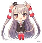  1girl :3 amatsukaze_(kancolle) animal_ears bangs black_dress blush brown_eyes cat_ears cat_girl cat_tail chibi dress eyebrows_visible_through_hair fang grey_neckwear hair_tubes kantai_collection kemonomimi_mode long_hair long_sleeves open_mouth red_legwear sailor_dress signature silica_(silica_silylate) silver_hair simple_background solo tail thighhighs two_side_up very_long_hair white_background 