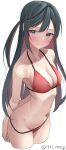  1girl absurdres arms_behind_back bangs bikini black_hair blush breasts cleavage collarbone colored_inner_hair commentary_request cropped_legs grey_eyes hair_between_eyes halterneck highres kawai_ritsu_(rits_meg) long_hair love_live! love_live!_nijigasaki_high_school_idol_club medium_breasts multicolored_hair navel red_bikini red_hair side_ponytail solo straight_hair string_bikini swept_bangs swimsuit twitter_username very_long_hair yuuki_setsuna_(love_live!) 