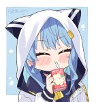  1girl animal_hood apple_juice artist_name bangs black_sailor_collar black_shirt blue_hair cat_hood chibi closed_eyes commentary drink drinking drinking_straw drinking_straw_in_mouth earrings english_commentary eyebrows_visible_through_hair facing_viewer holding holding_drink hololive hood hood_up hooded_jacket hoshimachi_suisei jacket jewelry juice_box kukie-nyan open_clothes open_jacket sailor_collar shirt solo star_(symbol) star_earrings virtual_youtuber white_jacket 