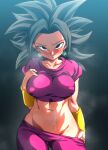  1girl black_eyes black_hair blush breasts closed_mouth covered_nipples crop_top dragon_ball dragon_ball_super earrings jewelry kefla_(dragon_ball) large_breasts looking_at_viewer midriff navel no_panties potara_earrings rom_(20) smile solo spiked_hair steaming_body sweat undressing 