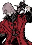  1boy absurdres bangs black_gloves blue_eyes coat dante_(devil_may_cry) devil_may_cry_(series) devil_may_cry_1 gloves grey_hair hair_over_one_eye highres holding holding_sword holding_weapon male_focus red_coat rx_hts simple_background sketch solo sword weapon white_background 