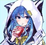  1girl animal_hood apple_juice bangs blue_background blue_choker blue_eyes blue_hair blush bow bowtie cat_hood choker drink drinking earrings expressionless hair_between_eyes highres hiikua holding holding_drink hololive hood hood_up hoshimachi_suisei jacket jewelry juice_box long_hair long_sleeves looking_at_viewer sailor_collar sidelocks sketch solo star_(symbol) star_in_eye symbol_in_eye virtual_youtuber white_jacket yellow_bow 