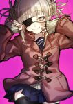  1girl :&gt; arms_up bags_under_eyes bangs black_legwear blonde_hair blue_sailor_collar blue_skirt blunt_bangs boku_no_hero_academia cardigan closed_mouth coat double_bun eyebrows_visible_through_hair eyepatch hair_up highres looking_at_viewer messy_hair narrowed_eyes pink_background pleated_skirt poppu sailor_collar sidelocks simple_background skirt smile solo thighhighs toga_himiko winter_clothes winter_coat yellow_cardigan yellow_eyes 
