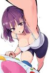  1girl arm_up armpits blue_bra bra breasts cleavage climbing climbing_wall heavy_breathing ishizaka_ryuudai iwakakeru!_sport_climbing_girls kasahara_konomi open_mouth purple_eyes purple_hair short_hair shorts sweat tank_top underwear 