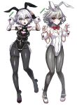  1boy 1girl animal_ears arms_up artist_name ass_visible_through_thighs bandages bare_shoulders belt belt_buckle bow bowtie breasts buckle commentary_request covered_navel detached_collar eyebrows_visible_through_hair fate/apocrypha fate_(series) fingerless_gloves full_body gloves green_eyes grey_hair hair_between_eyes haoro highres jack_the_ripper_(fate/apocrypha) leotard looking_at_viewer medium_breasts open_mouth pantyhose playboy_bunny rabbit_ears rabbit_tail red_eyes scar scar_across_eye scar_on_face short_hair shoulder_tattoo sieg_(fate) sleeveless tail tattoo teeth thigh_strap tongue twitter_username watermark white_hair wrist_cuffs 